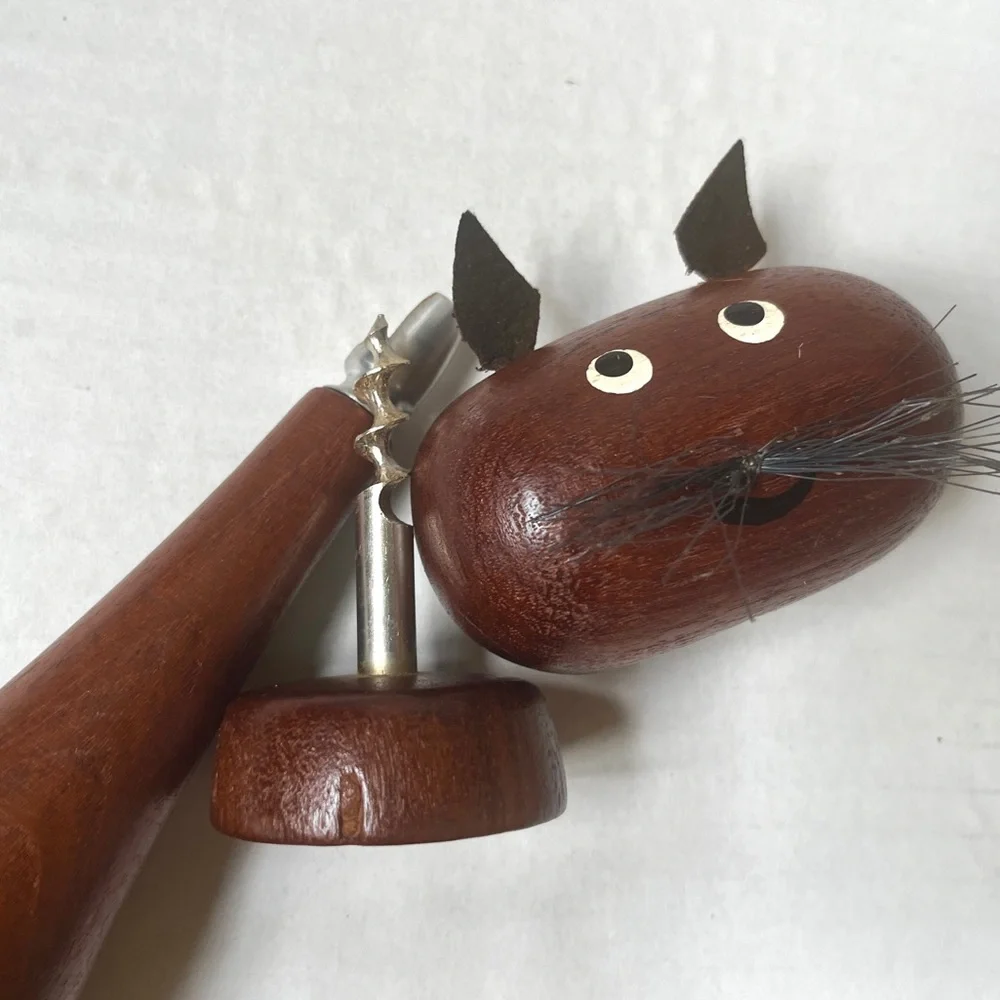 MCM Danish Cat Corkscrew Bottle Opener Mid Century Teak Walnut Denmark Barware